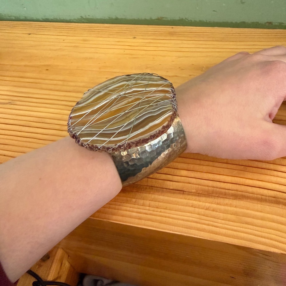 Artisan Agate Slice & Hammered Mixed-Metal Statement Cuff‎